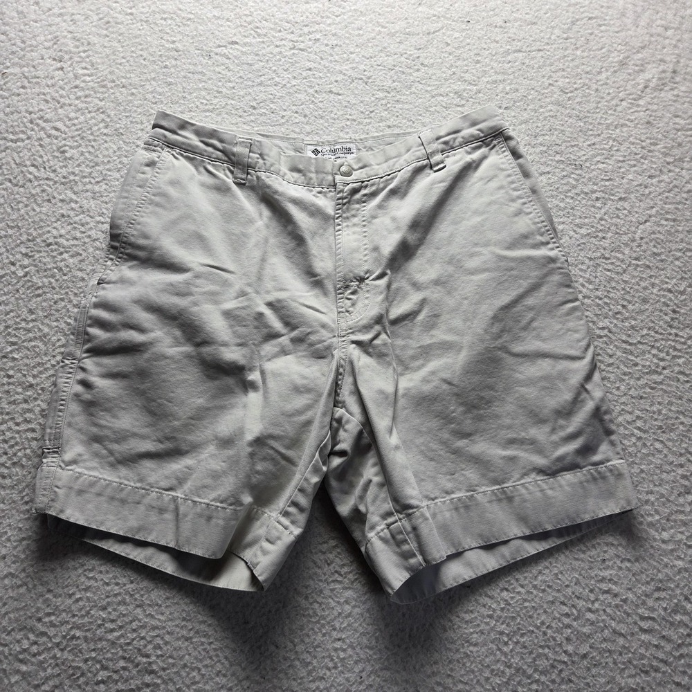 Columbia Cargo Shorts Mens 34 Beige Cotton Canvas 8 Inseam Travel Casual Summer